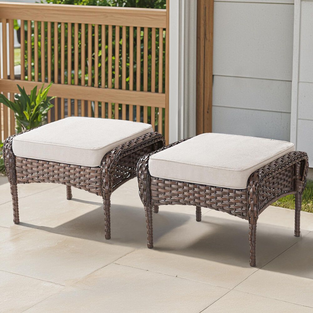 Hearth and Haven Patio Wicker Ottoman with Brown Rattan in Beige (Set of 2), , large