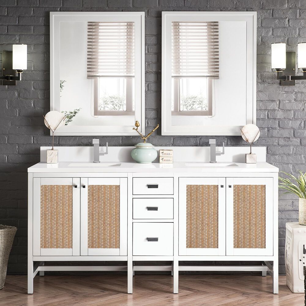 James Martin Vanities Addison 72&quot; Double Bathroom Vanity in Glossy White with 3 cm White Zeus Quartz Top and Rectangular Sinks, , large