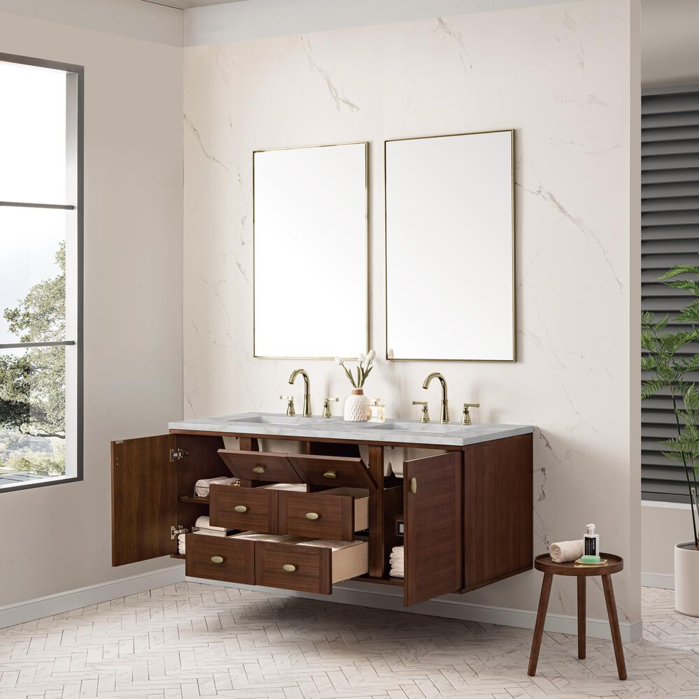 James Martin Vanities Amberly 60" Double Bathroom Vanity in Mid-Century Walnut with 3 cm Eternal Jasmine Pearl Silestone Top, Rectangular Sinks and FreePower Wireless Charger, , large