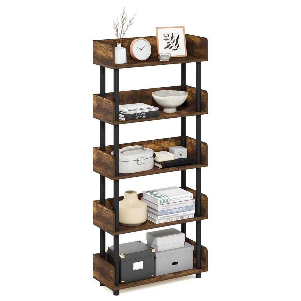 HOMLUX Turn-N-Tube 5-Tier Open Display Storage Bookshelf in Amber Pine and Black, , large