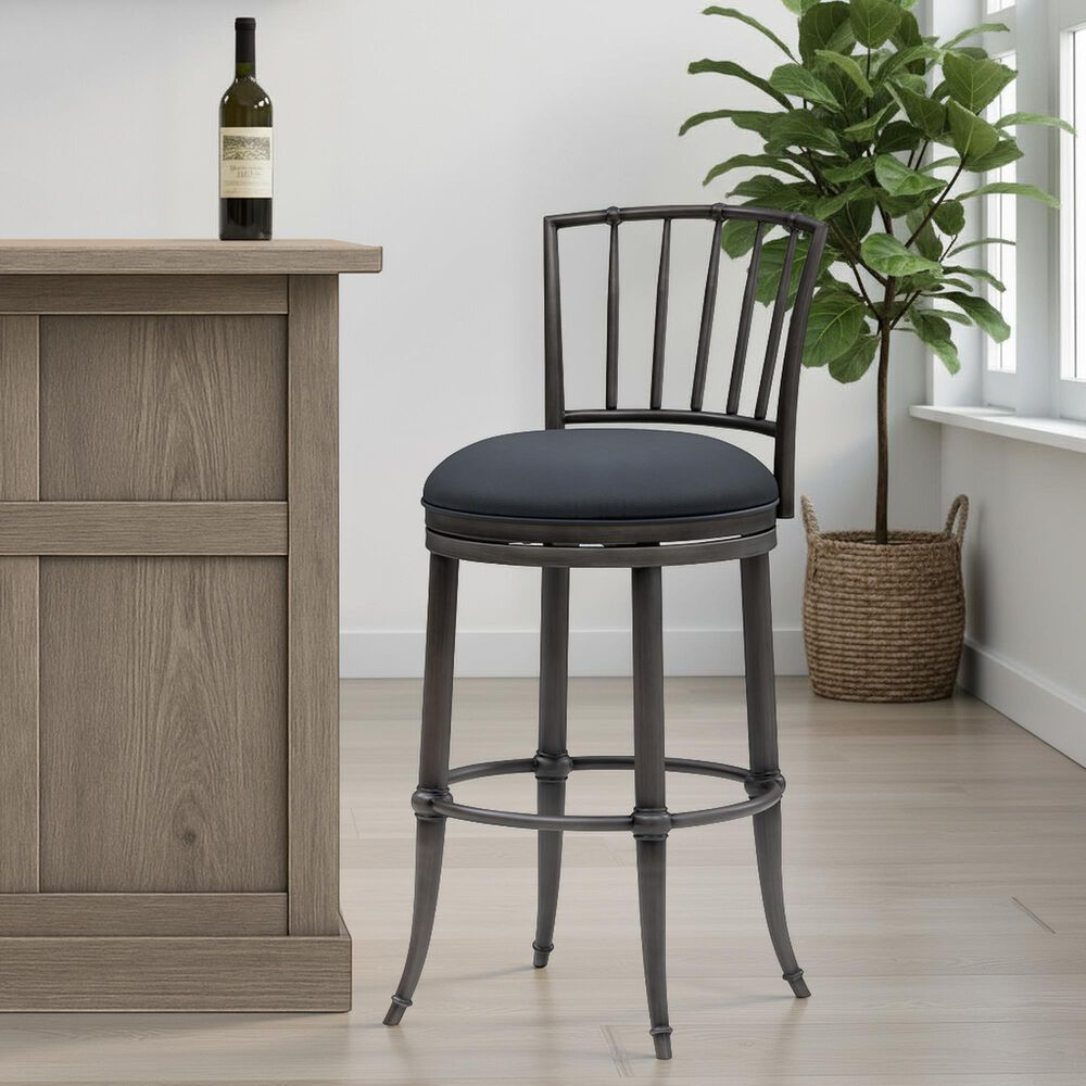 Armen Living Vince Bar Height Stool with Night Life Blue Upholstery in Antique Pewter, , large