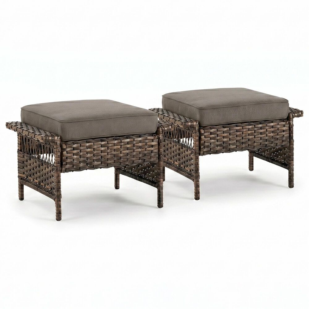 Sunwell Garden Outdoor Ottoman with Gray Cushion in Brown (Set of 2), , large