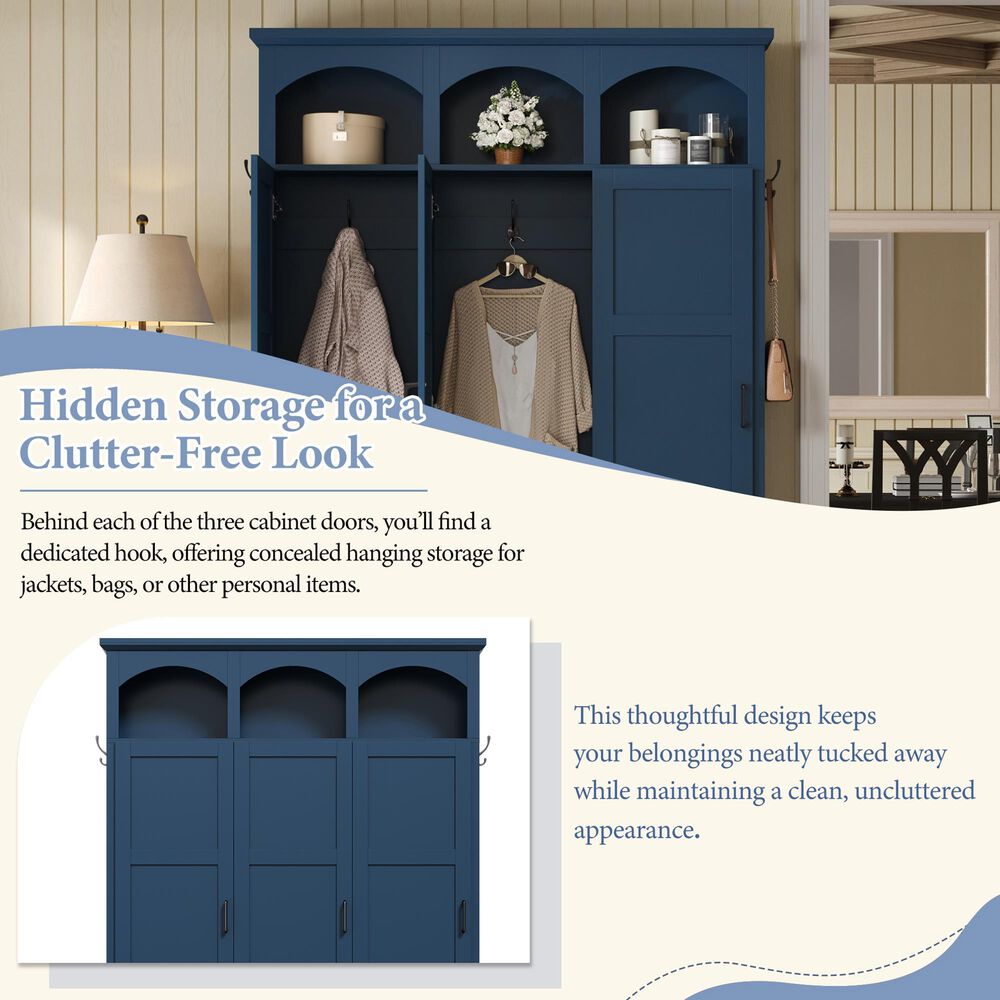 HOMLUX 5-Hook Hall Tree with 3 Hidden Storage in Blue and Walnut, , large
