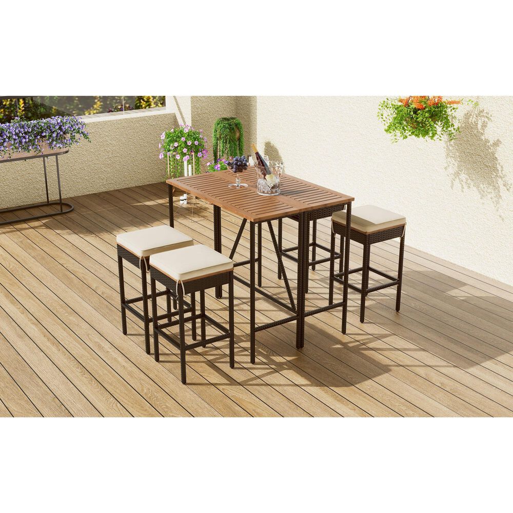 Hearth and Haven 5-Piece Outdoor Patio Wicker Bar Set with Off-White Cushion in Black and Brown, , large