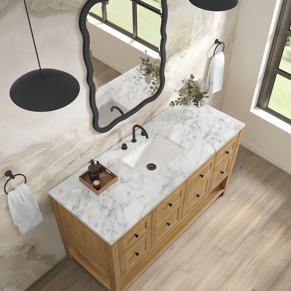 James Martin Vanities Breckenridge 60&quot; Single Bathroom Vanity in Light Natural Oak with 3 cm Carrara White Marble Top and Rectangular Sink, , large