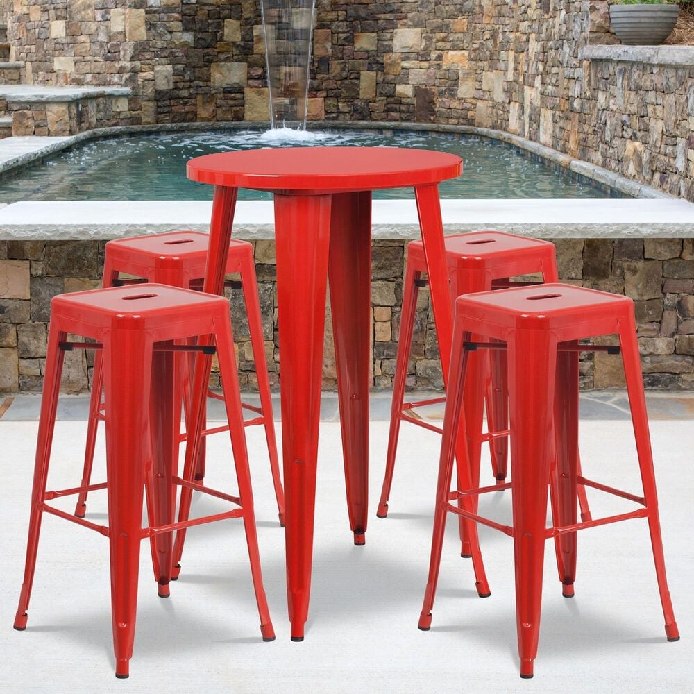 Flash Furniture 5-Piece Metal Bar Table Set in Red, , large