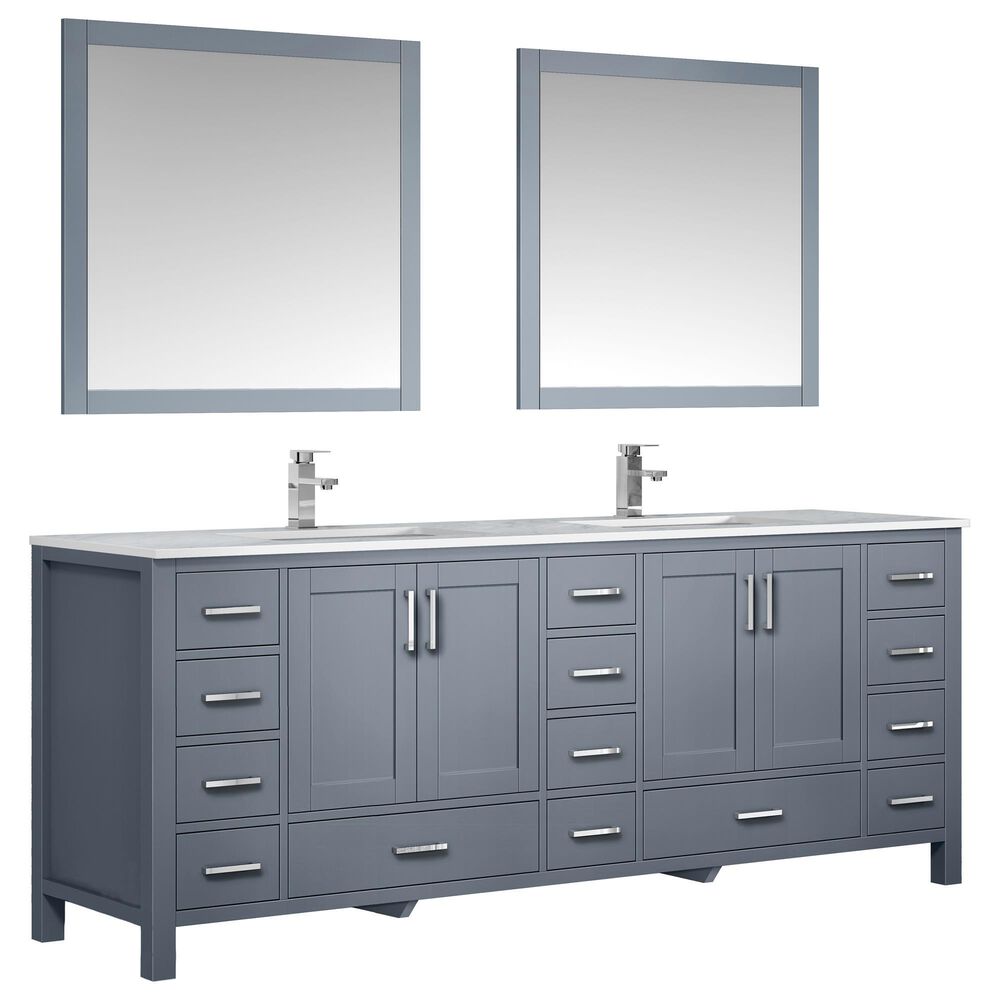 Lexora Home Jacques 84" Double Bathroom Vanity in Dark Grey with White Carrara Marble Top, Rectangle Sinks, Chrome Faucets and Mirrors, , large