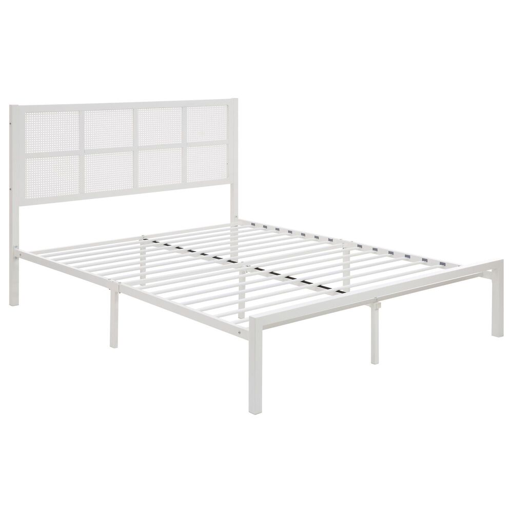 Hearth and Haven Eastern King Platform Bed with Faux Cane Panel Headboard in White, , large