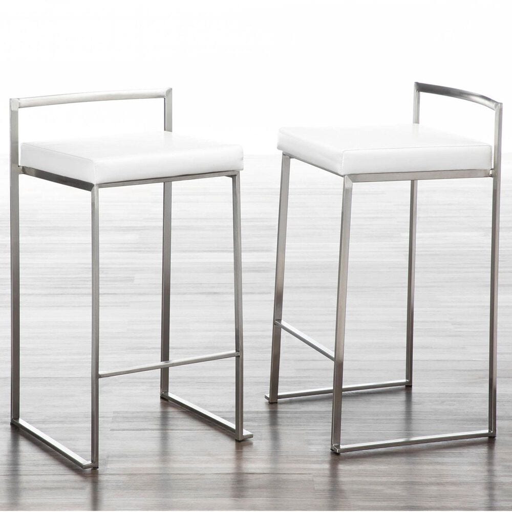Lumisource Fuji Stackable Counter Stool with White Faux Leather in Brushed Stainless Steel &#40;Set of 2&#41;, , large