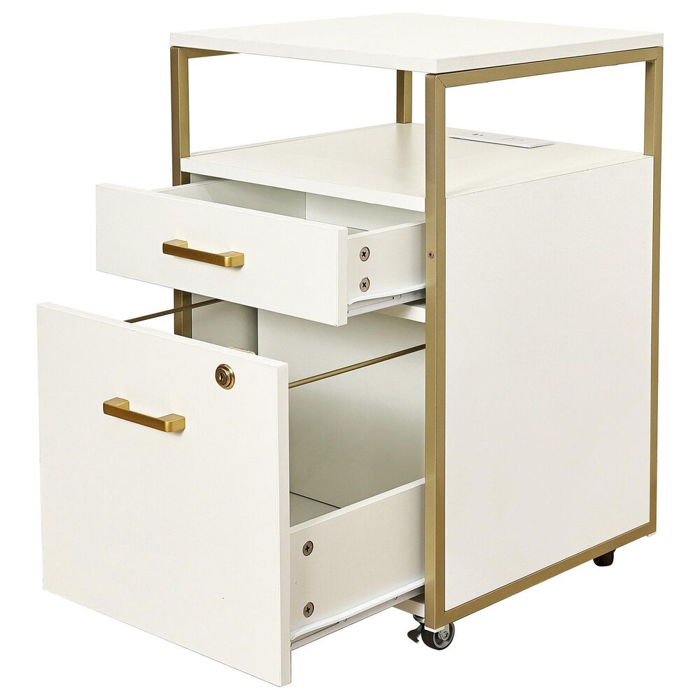 Rta Products Llc Modern Rolling File Cabinet with USB Charging Ports and Power Outlet in White and Gold, , large