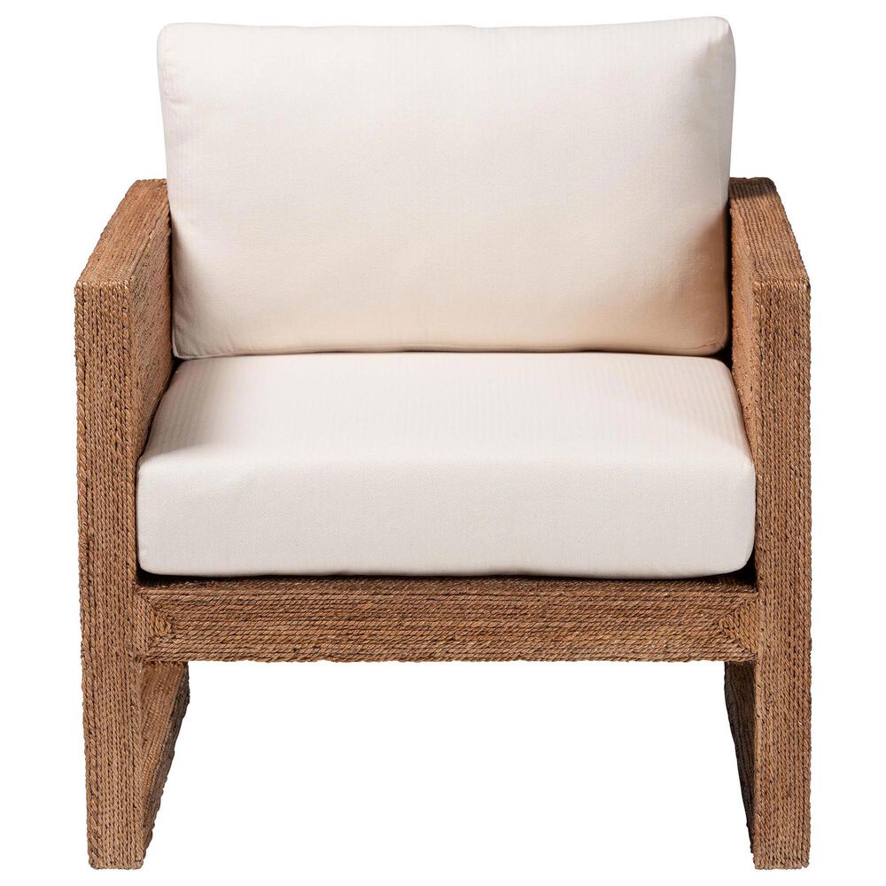 Baxton Studio Helina Arm Chair with Bleached Light Brown Seagrass in White, , large