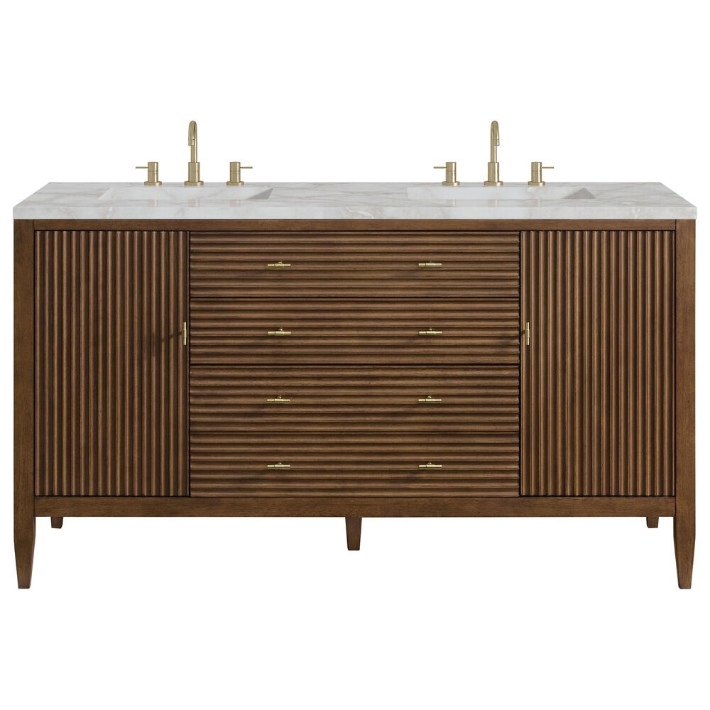 James Martin Vanities Myrrin 60" Double Bathroom Vanity in Mid-Century Walnut with 3 cm Eternal Jasmine Pearl Silestone Top, Rectangular Sinks and FreePower Wireless Charger, , large
