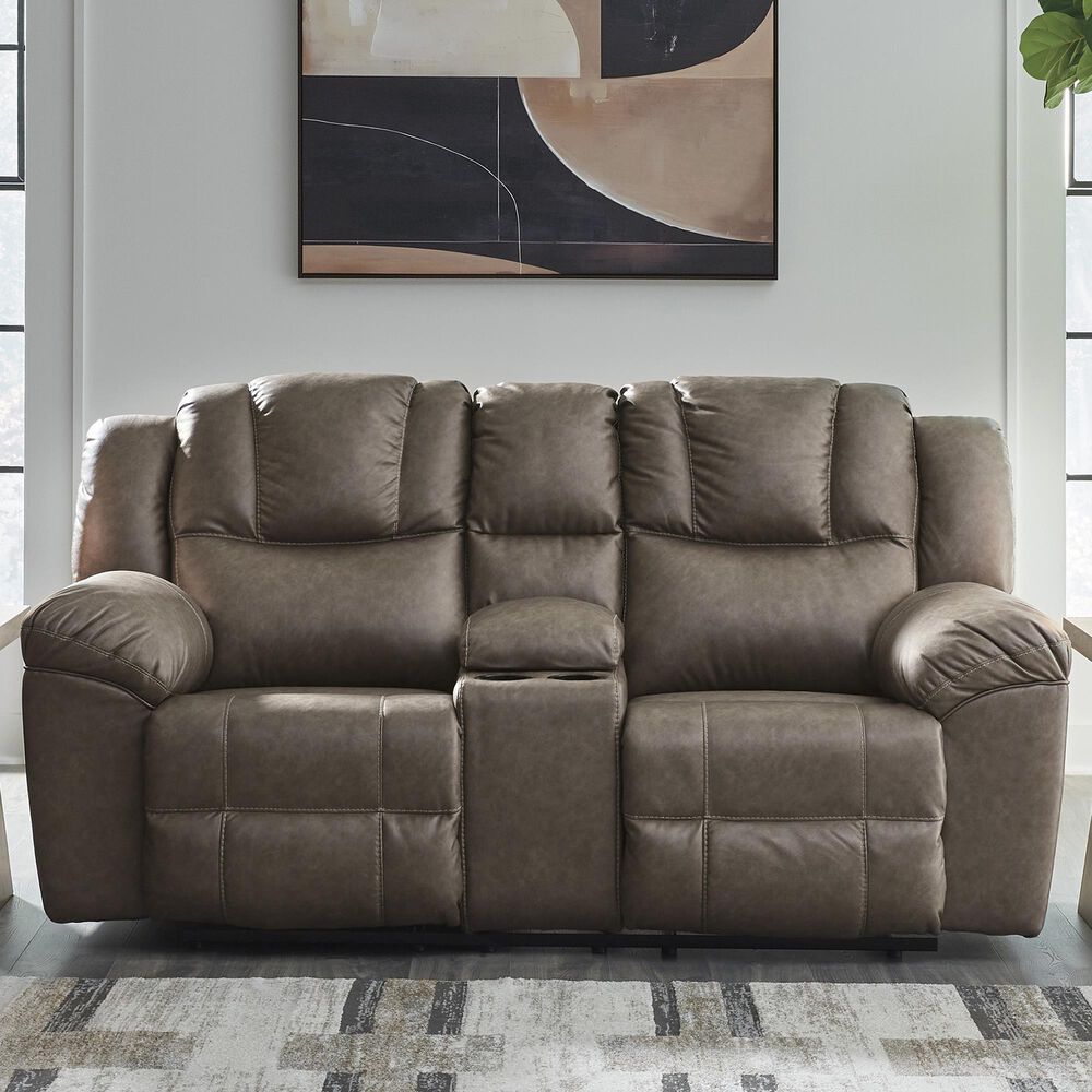 Ashley Lowilla Manual Double Reclining Loveseat with Console in Driftwood, , large