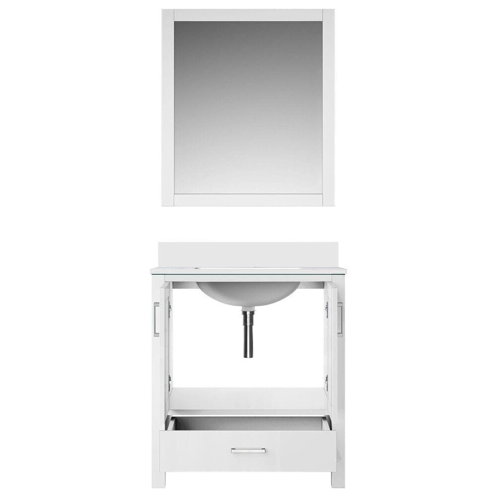 Lexora Home Jacques 30&quot; Single Bathroom Vanity in Navy Blue with 2 cm White Quartz Top, Rectangular Sink and 28&quot; Mirror, , large