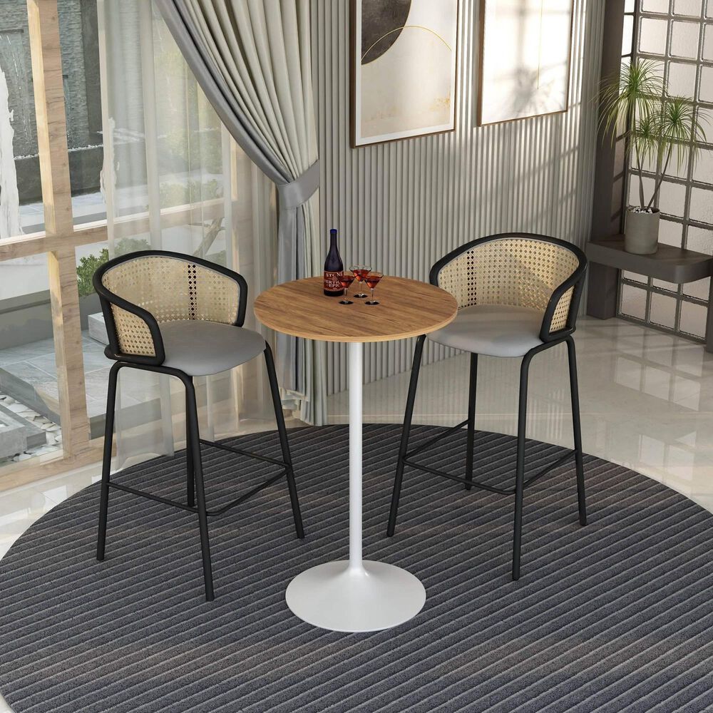 Leisuremod LeisureMod Verve Collection Modern Bar Height Table White Base with 27 Round Cognac Brown MDF Top, , large
