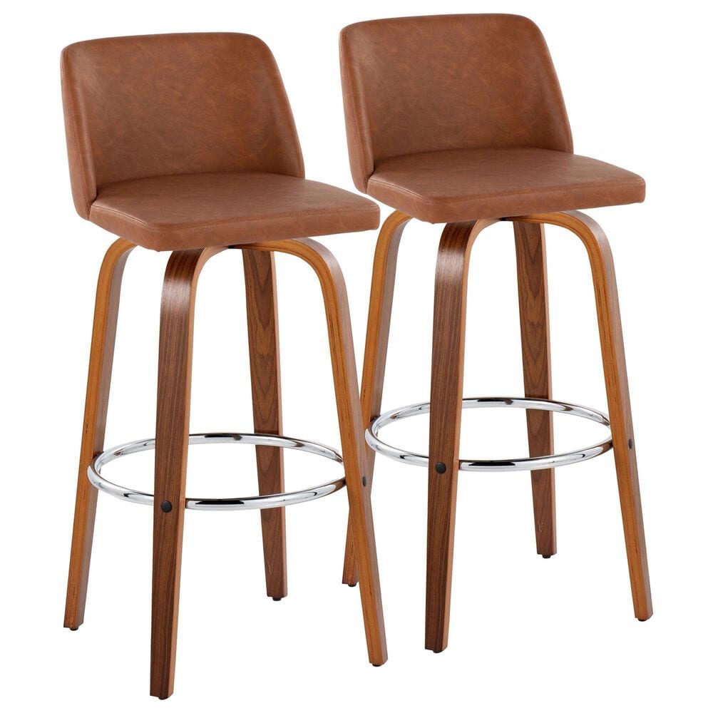 LumiSource Toriano Swivel Bar Stool with Camel Faux Leather Upholstery in Walnut and Chrome (Set of 2), , large