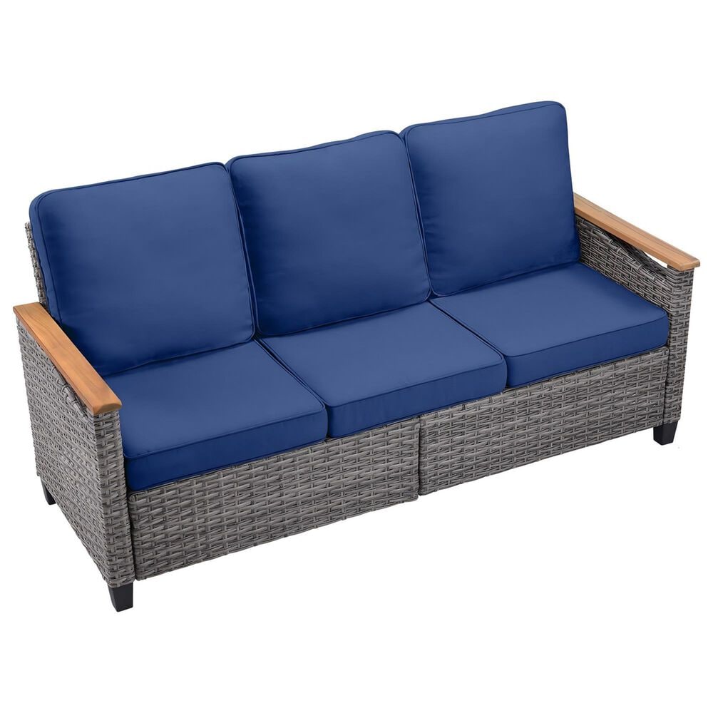 Sunwell Garden 32"H 3-Seater Outdoor Sofa with Acacia Wood Armrests and Navy Cushions in Gray, , large