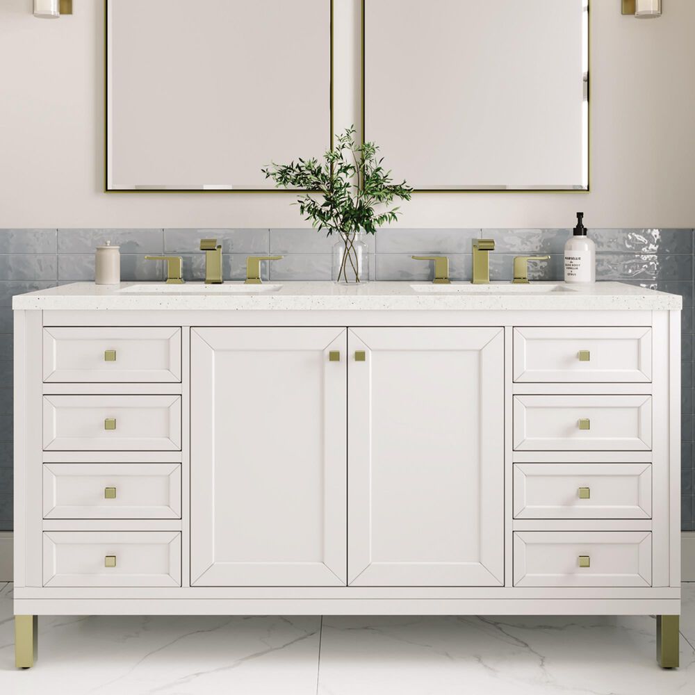 James Martin Vanities Chicago 60&quot; Double Bathroom Vanity in Glossy White with 3 cm Lime Delight Quartz Top and Rectangular Sinks, , large
