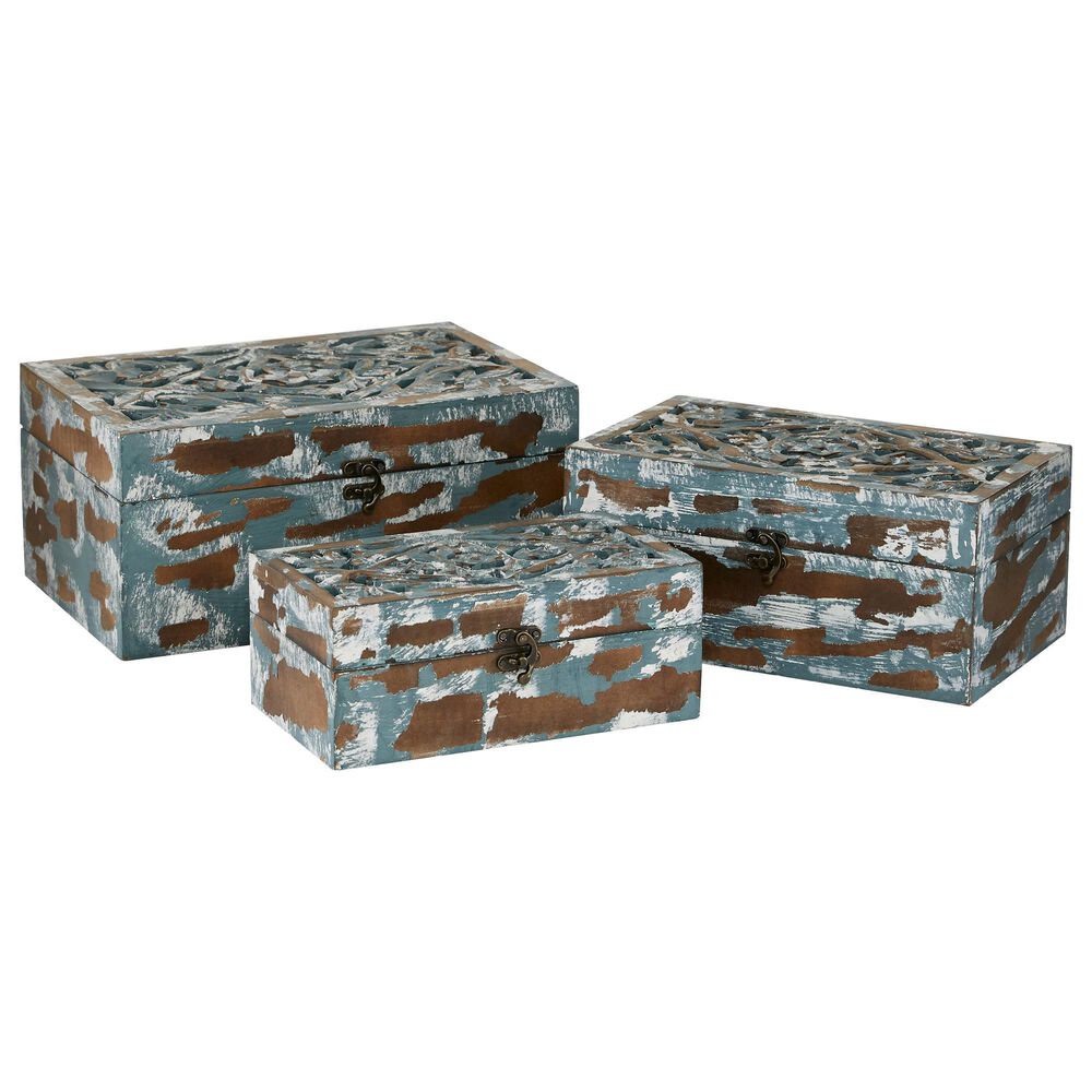Maple and Jade Country Cottage Wood Box in Brown and Blue Gray (Set of 3), , large