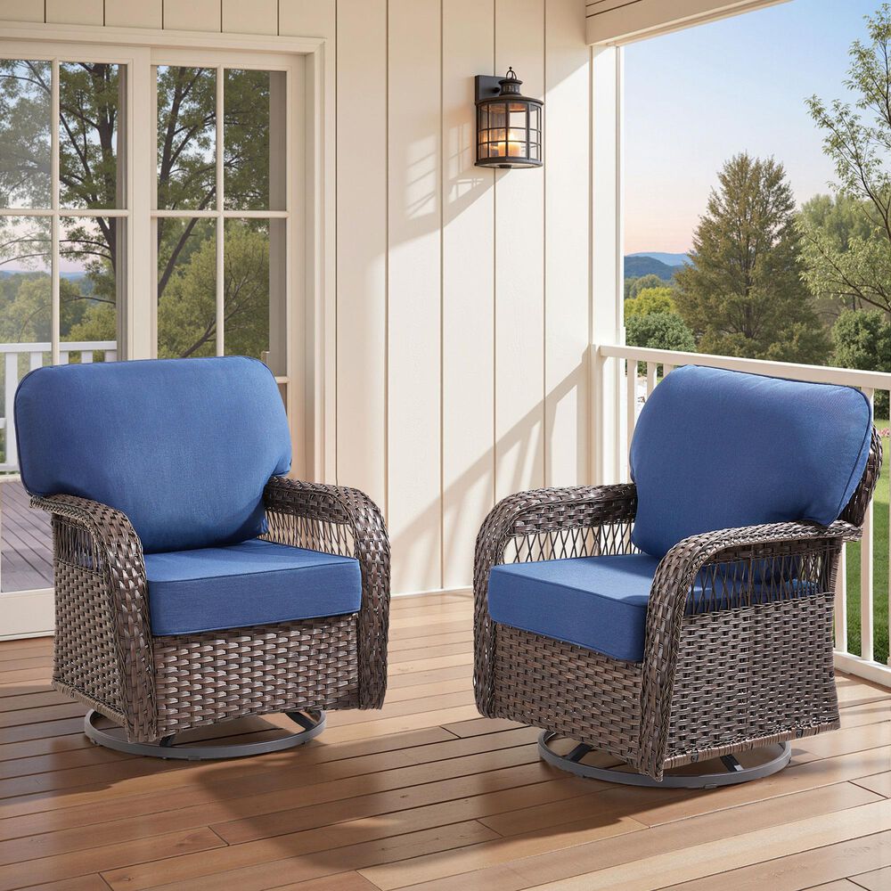 Hearth and Haven Outdoor Swivel Glider Chair with Blue Cushion in Brown (Set of 2), , large