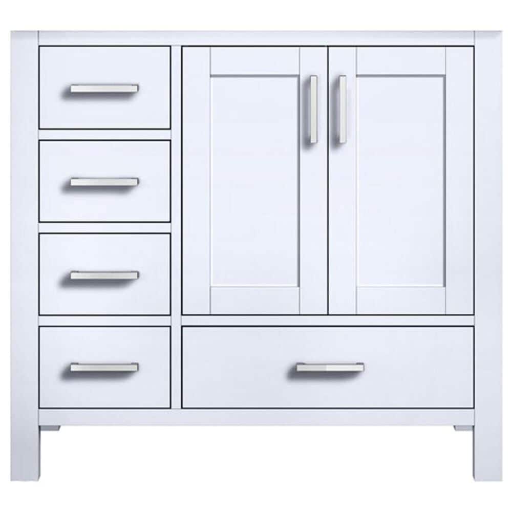 Lexora Home Jacques 36&quot; Right Offset Single Bathroom Vanity in Distressed Grey with 2 cm White Quartz Top, Rectangular Sink and 34&quot; Mirror, , large