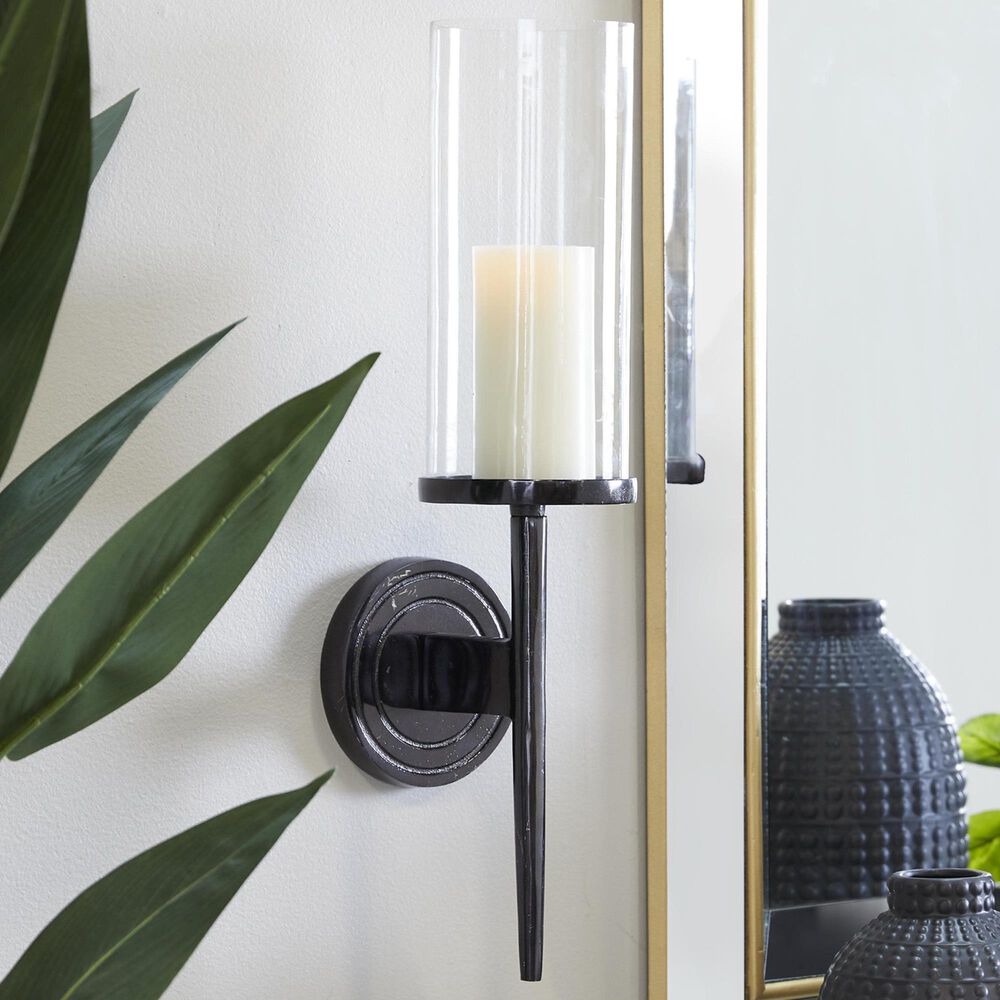 Maple and Jade 23&quot; Single Indoor/Outdoor Wall Mount Candle Holder in Polished Black and Clear, , large
