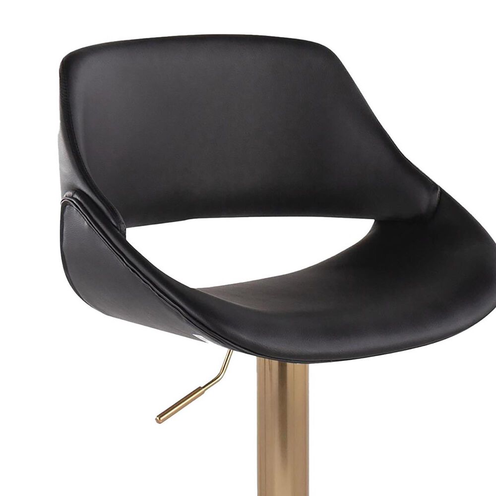 LumiSource Fabrico Swivel Adjustable Bar Stool with Black Faux Leather Upholstery and Rounded T Footrest in Gold (Set of 2), , large