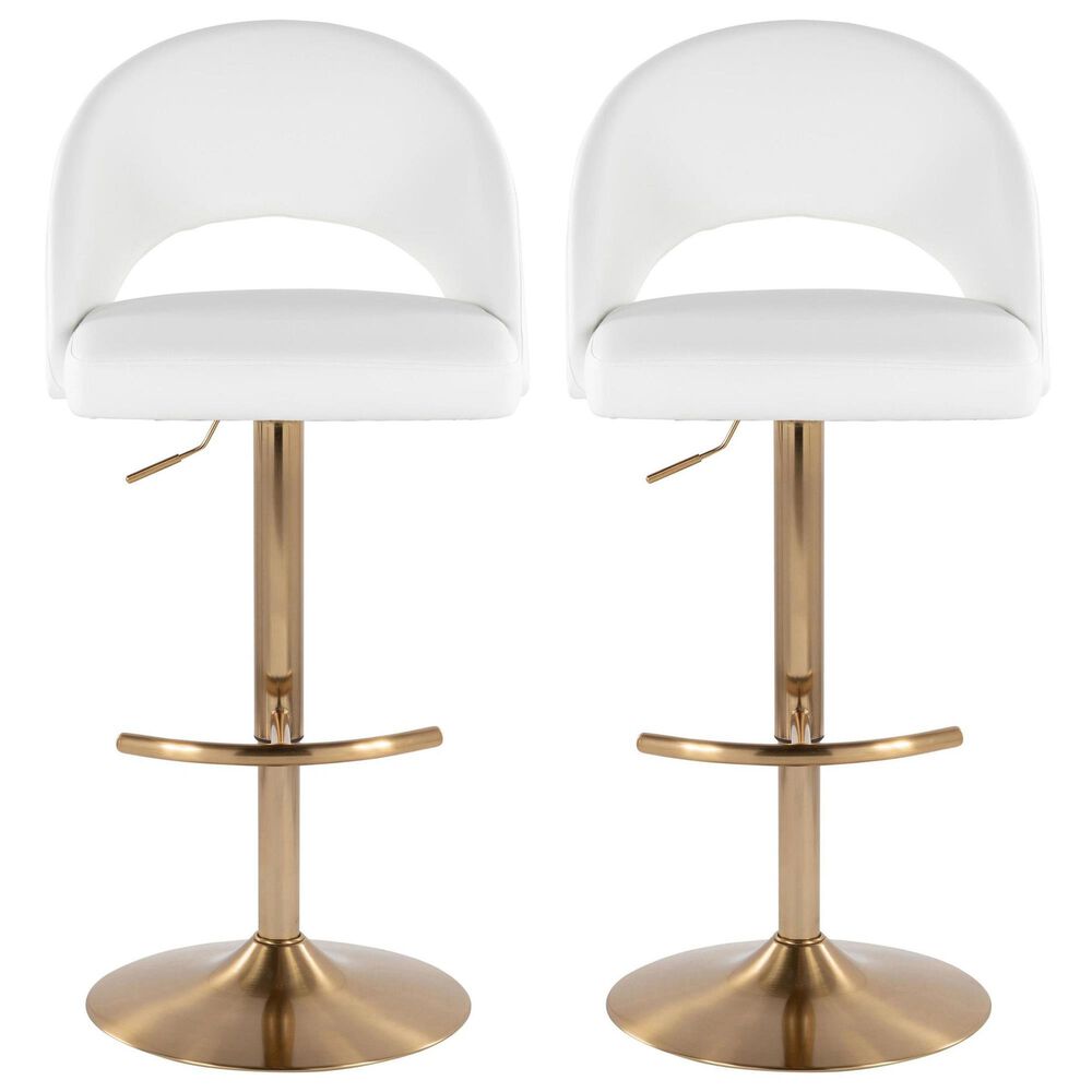 LumiSource Renee Adjustable Swivel Bar Stool with White Faux Leather Upholstery in Gold (Set of 2), , large