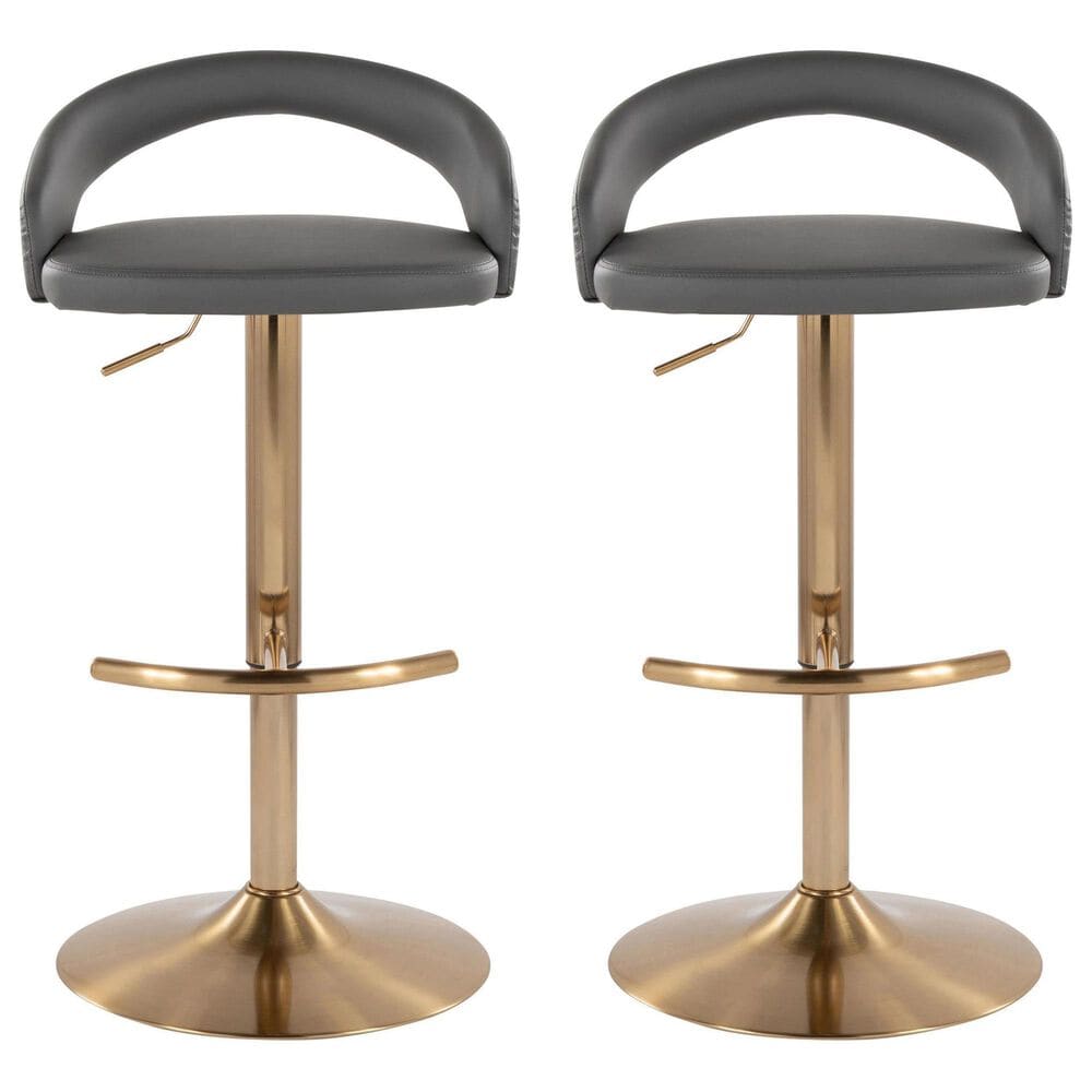LumiSource Grotto Adjustable Bar Stool with Grey Faux Leather Upholstery in Gold (Set of 2), , large