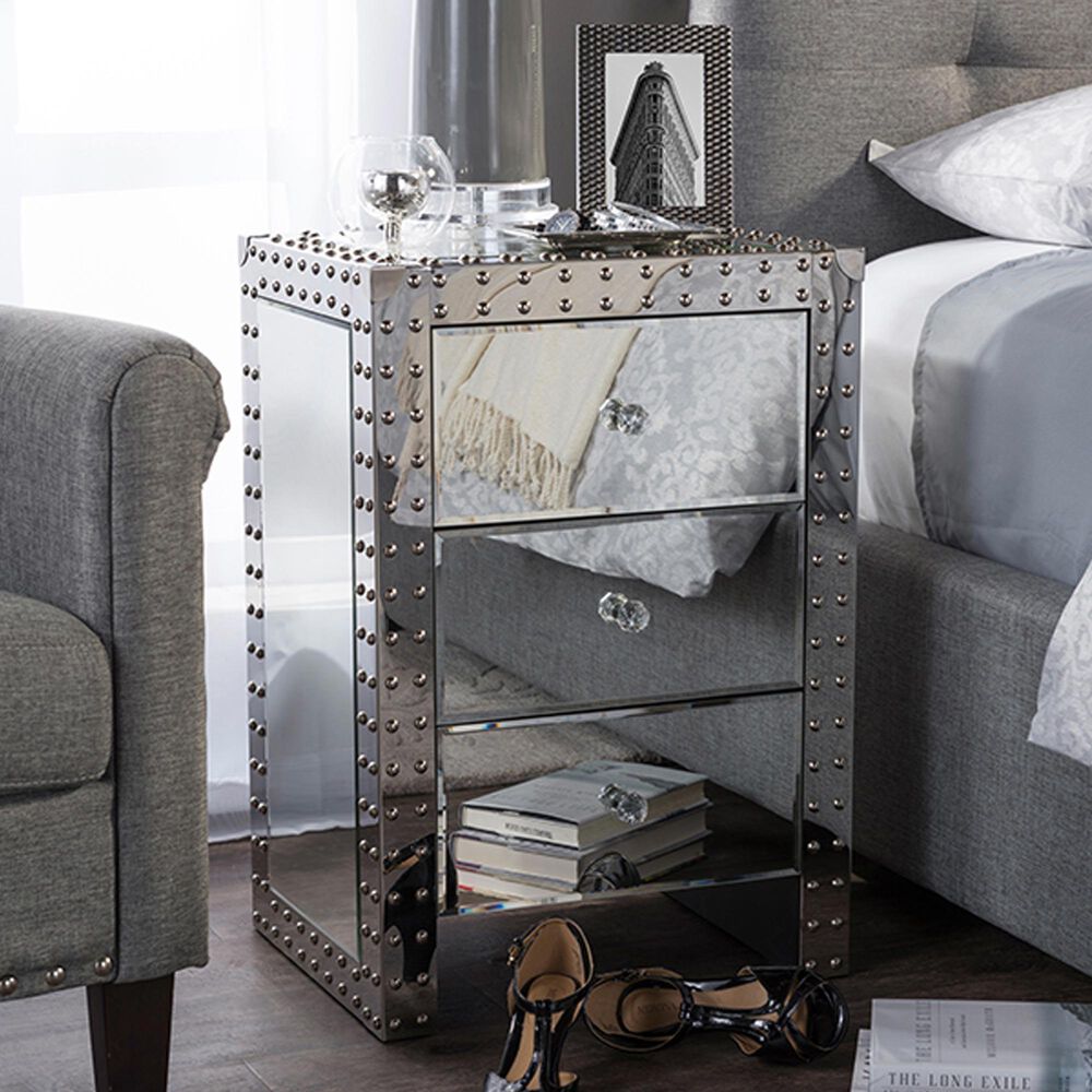 Baxton Studio Azura Mirrored End Table in Silver, , large