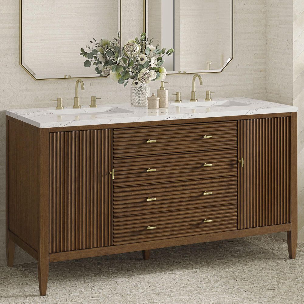 James Martin Vanities Myrrin 60&quot; Double Vanity in Mid Century Walnut with 3 cm Ethereal Noctis Quartz Top, , large