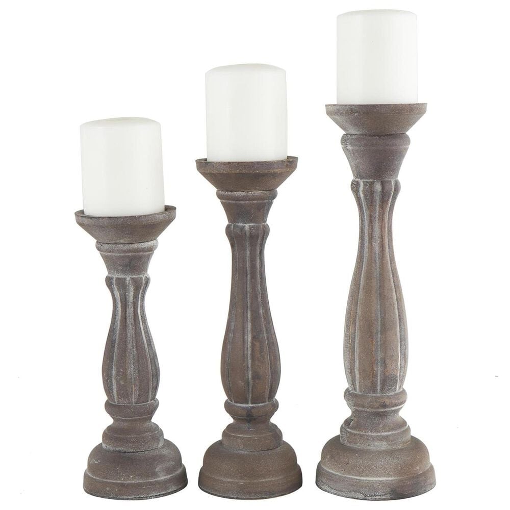Maple and Jade Turned Pillar Decorative Candle Holder in Washed Brown &#40;Set of 3&#41;, , large