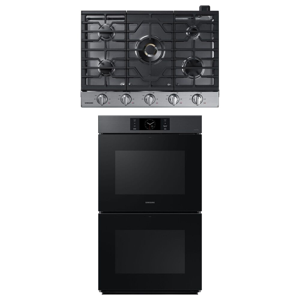 Samsung 2-Piece Kitchen Package with 30" Matte Black Steel Double Wall Oven and 30" Stainless Steel Smart Gas Cooktop, , large