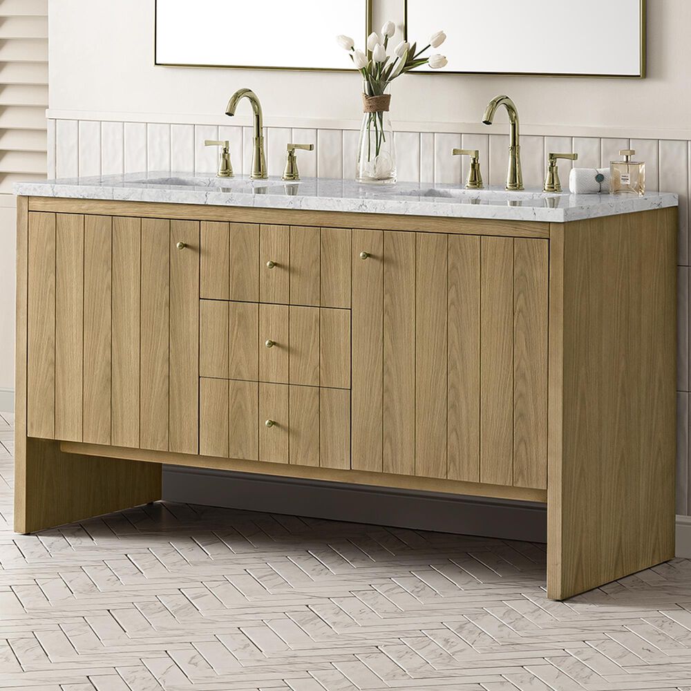 James Martin Vanities Hudson 60&quot; Double Bathroom Vanity in Light Natural Oak with 3 cm Eternal Jasmine Pearl Quartz Top and Rectangular Sinks, , large