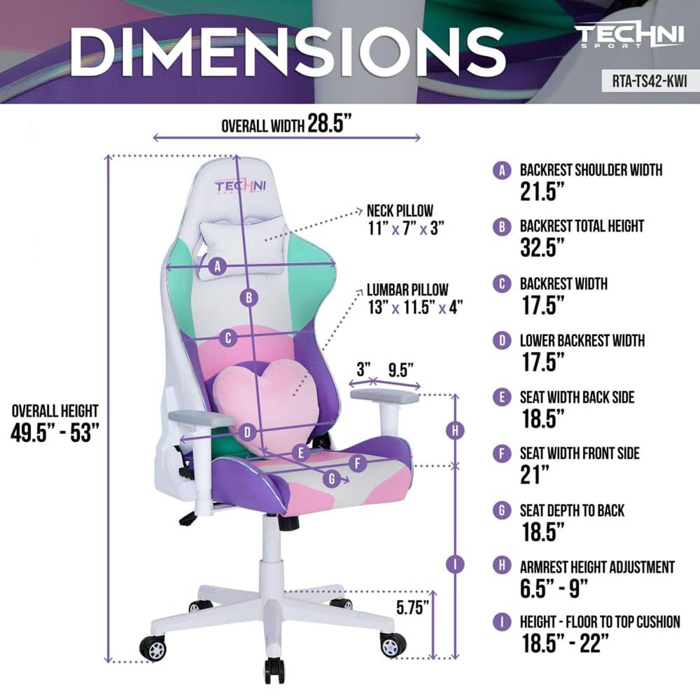 Techni Sport Kawaii Gaming Chair in Purple, Pink, Teal and White, , large