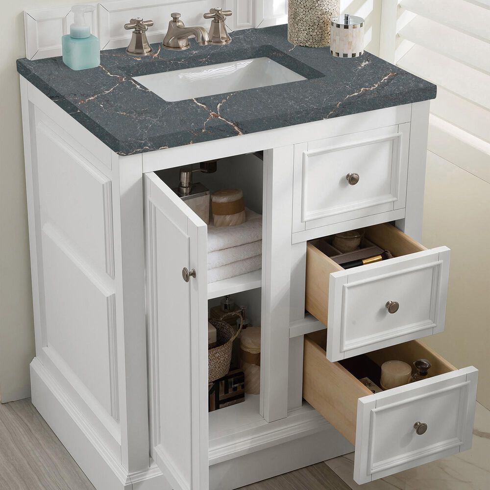 James Martin Vanities De Soto 30" Single Bathroom Vanity in Bright White with 3 cm Parisien Bleu Quartz Top and Rectangular Sink, , large