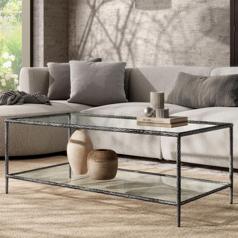 Furniture of America Lalia Coffee Table with Tempered Glass Top and Open Storage Shelf in Gun Metal, , large
