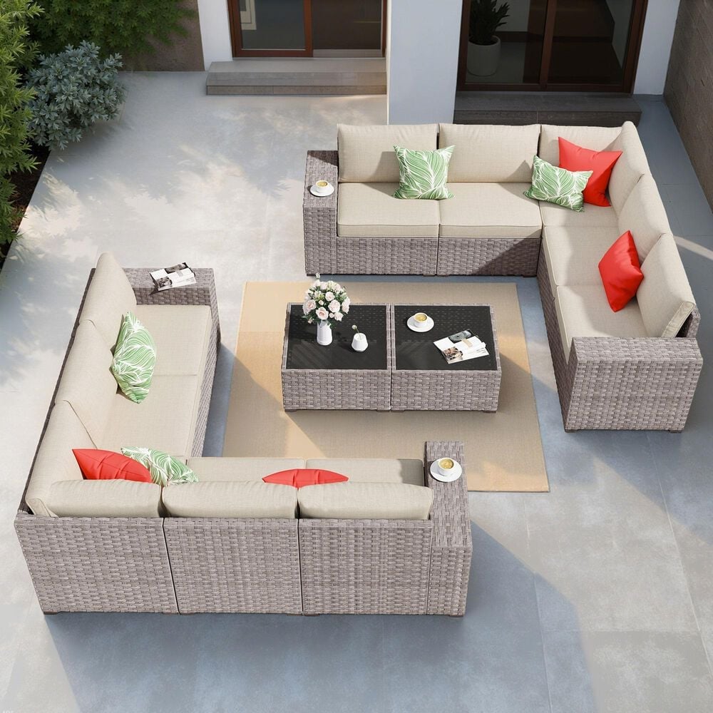 HOMLUX 12-Piece Modern Outdoor Sectional Furniture Set in Beige, , large