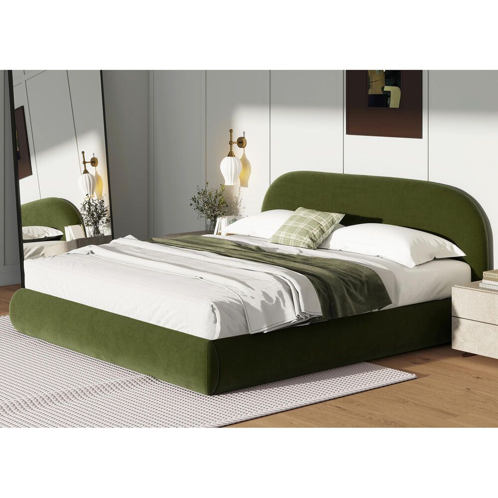 Jennifer Taylor Home Archie Puffy Grounded King Upholstered Platform Bed in Olive Green, , large