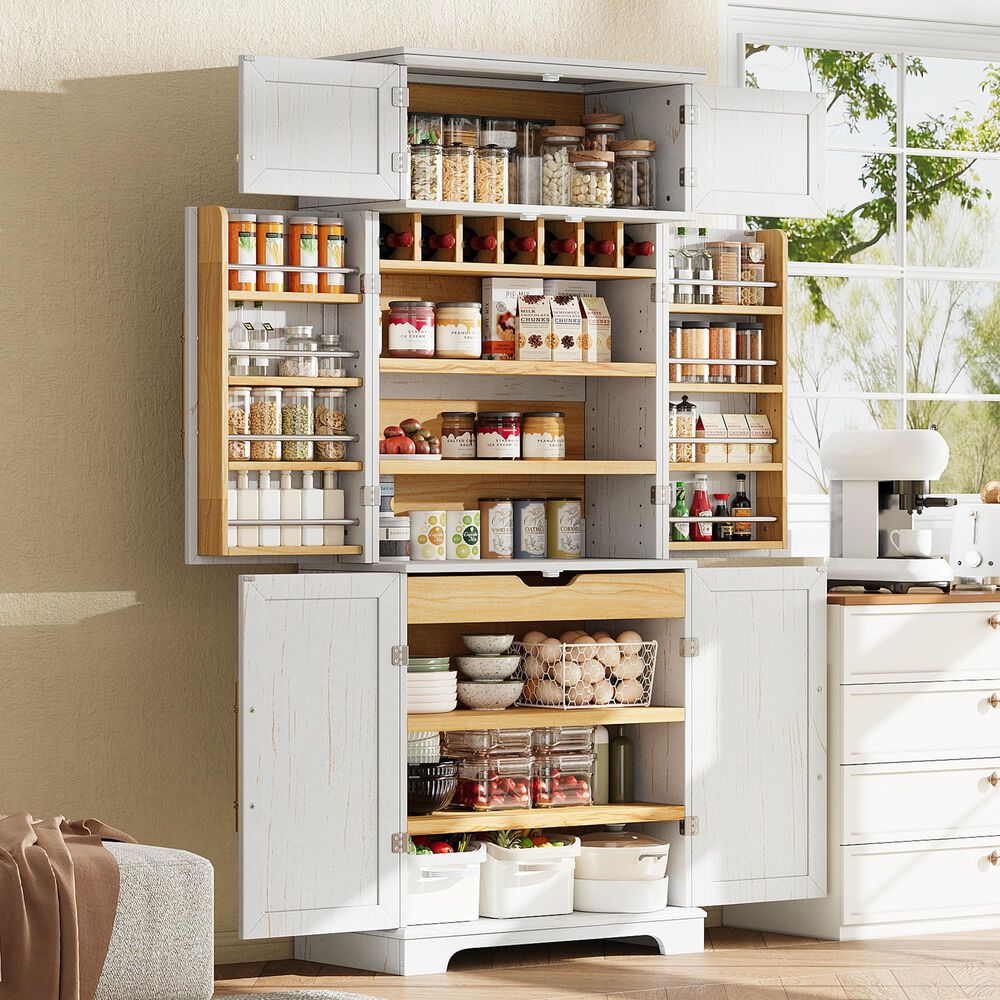 HOMLUX HOMLUX 78.2" Tall Farmhouse Kitchen Pantry Cabinet with 8 Door Shelves, Storage Cabinet with 4 Adjustable Shelves, Hidden Drawer, Wine Rack, Versatile Cupboard for Kitchen, Dining &amp; Bathroom, Retro White, , large
