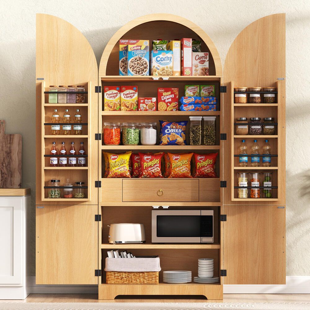 HOMLUX 72" Tall Arched Kitchen Pantry Cabinet in Natural, , large