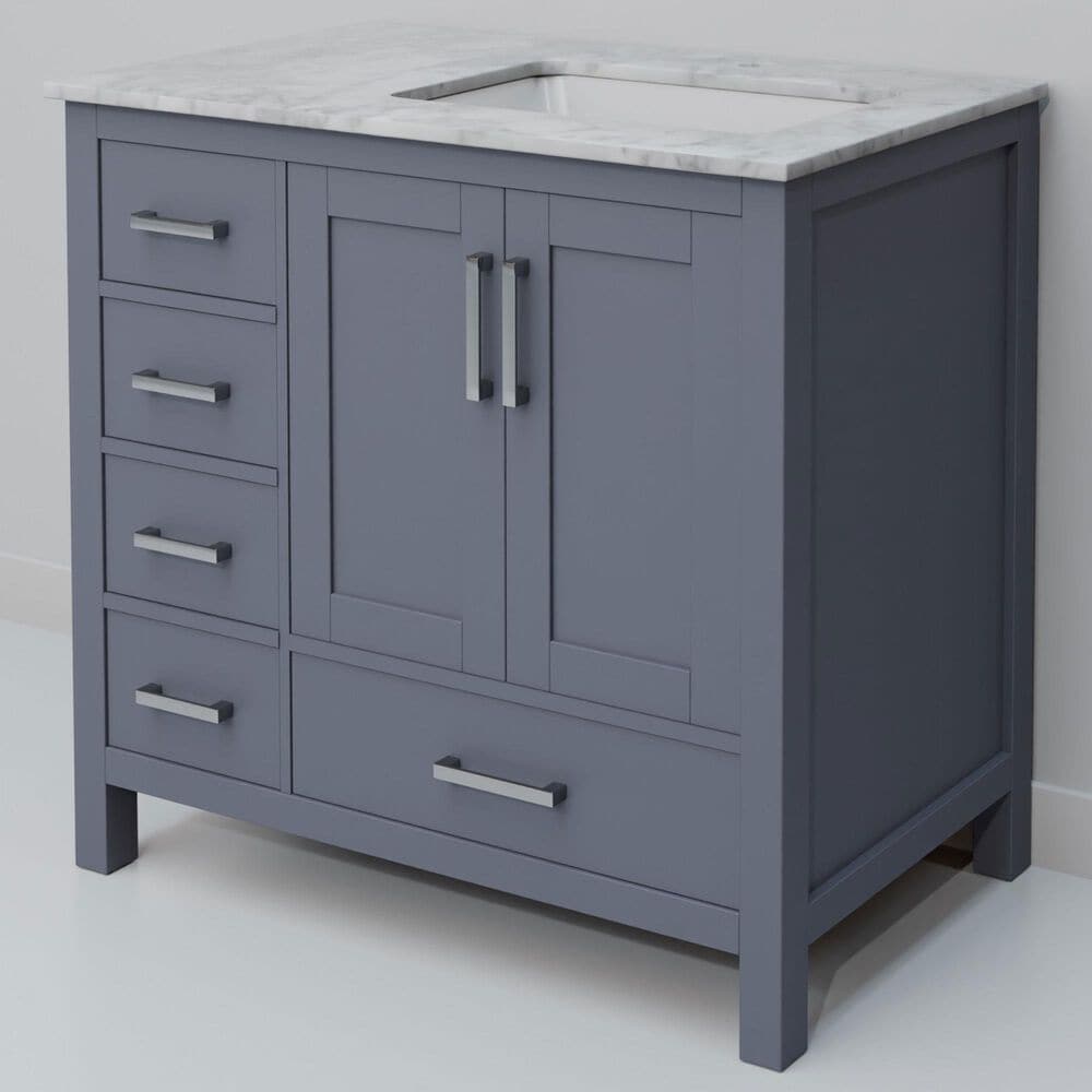 Lexora Home Jacques 36" Right Offset Single Bathroom Vanity in Dark Grey with 2 cm White Carrara Marble Top and Rectangular Sink, , large