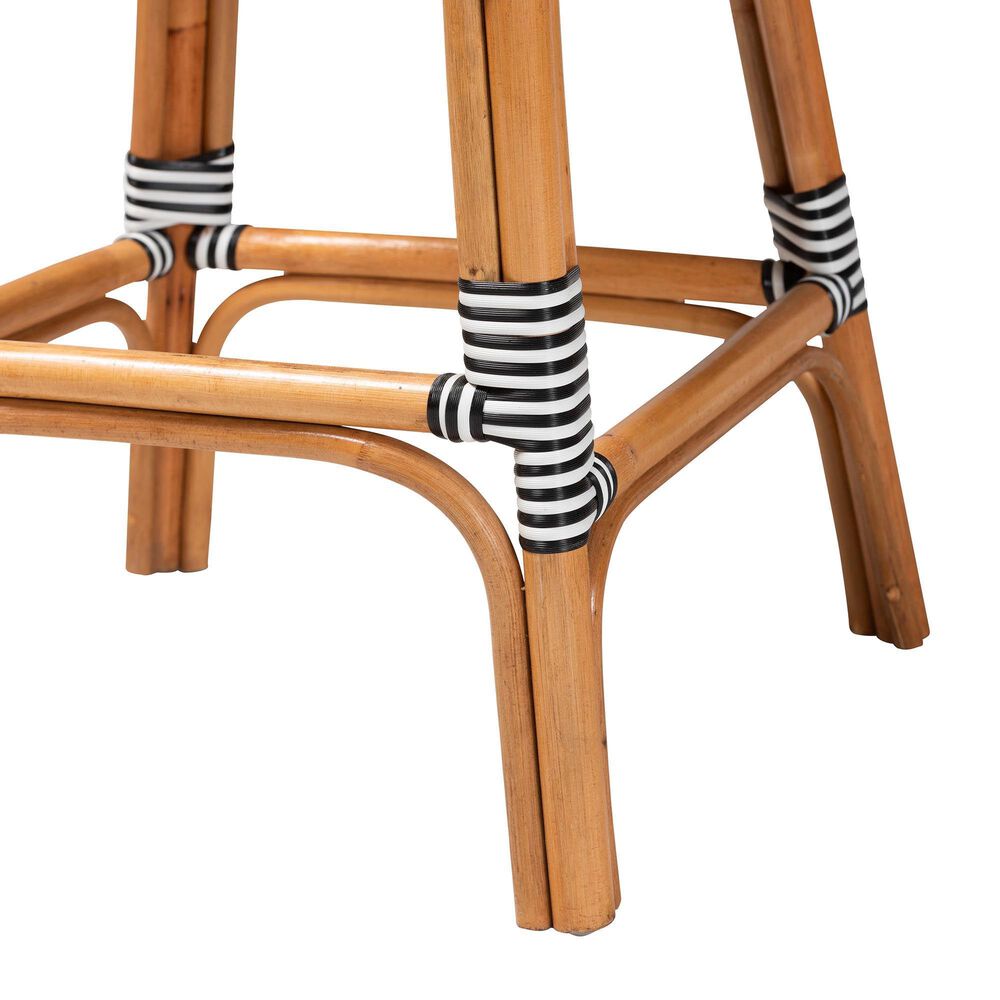 Baxton Studio Genica Bar Stool with Two-Tone Black and White Weaving in Natural Rattan, , large