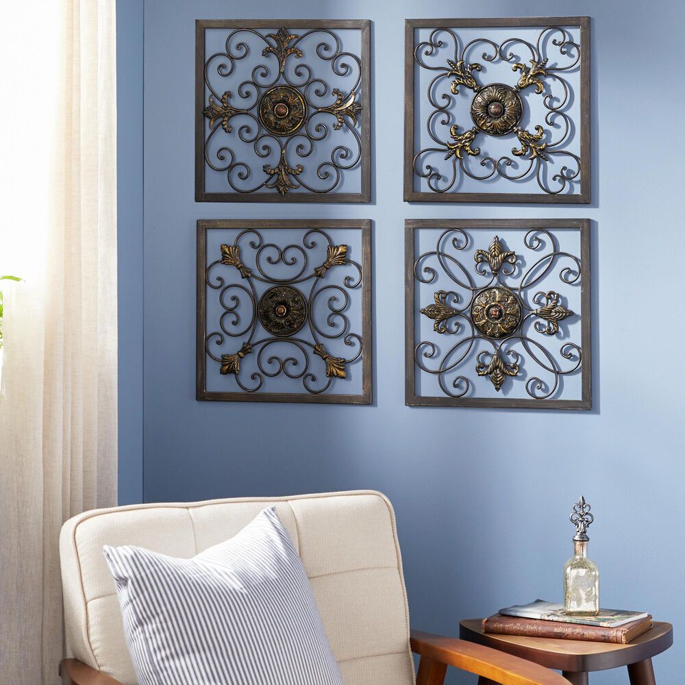Maple and Jade 16&quot; x 16&quot; Rustic Wall Decor in Gold and Black &#40;Set of 4&#41;, , large