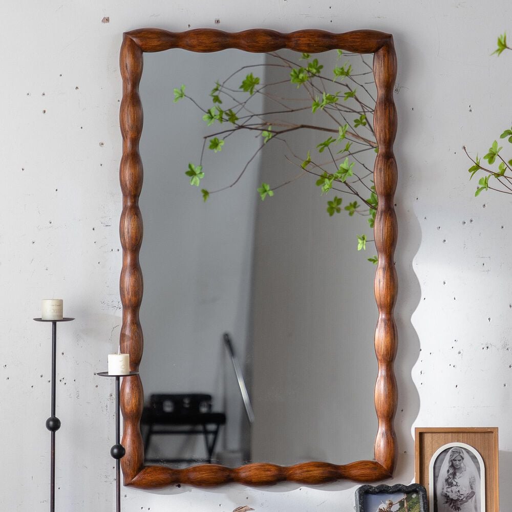 Hearth and Haven Rectangular Wall Mirror with Wood Frame in Natural Wood, , large