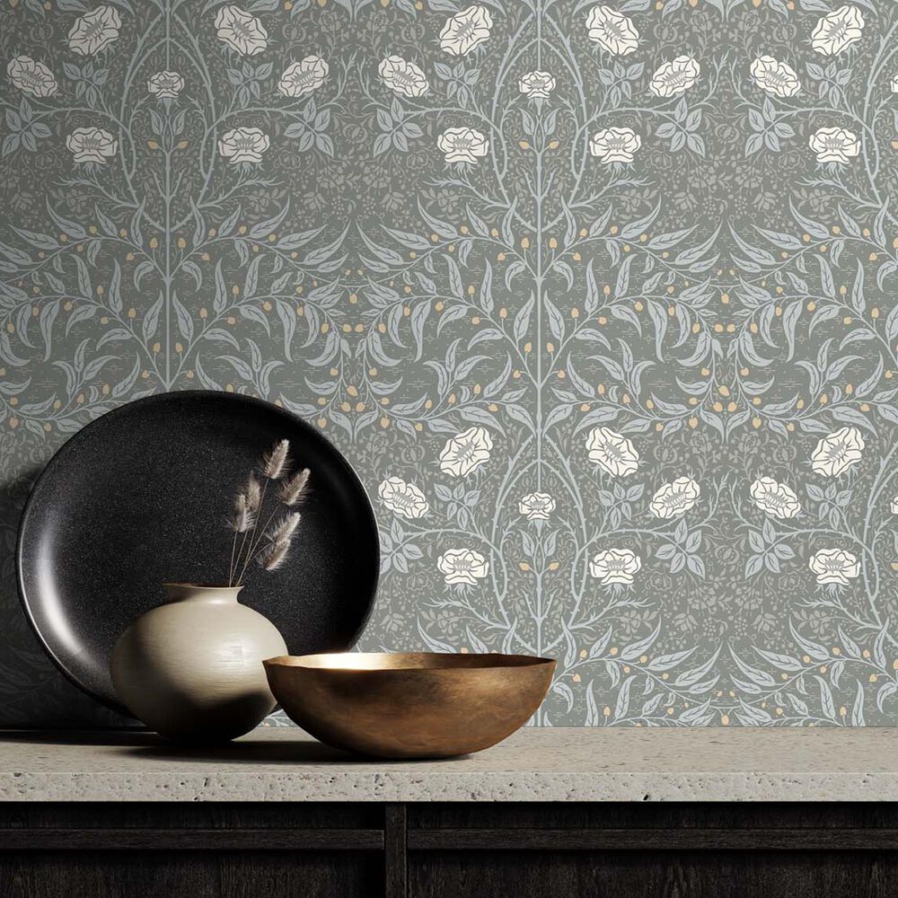 NextWall Stenciled Floral 216&quot; x 20.5&quot; Peel and Stick Wallpaper in Alloy Grey, , large