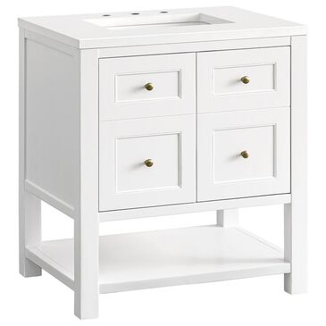 James Martin Vanities Breckenridge 30" Single Bathroom Vanity in Bright White with Single Hole 3 cm White Zeus Quartz Top and Rectangular Sink, , large