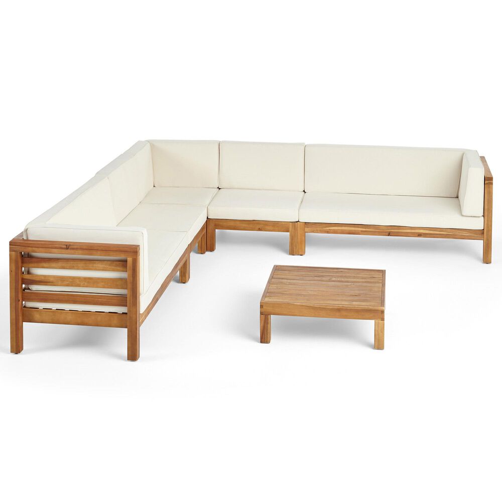Noble House Kaena 6-Piece Stationary Patio L-Shaped Sectional Chat Set in Beige, , large