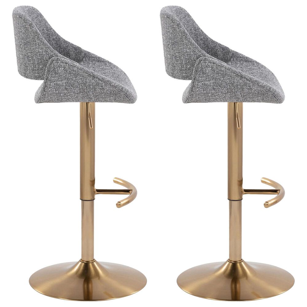 LumiSource Fabrico Swivel Adjustable Bar Stool with Grey Noise Fabric Upholstery and Rounded T Footrest in Gold (Set of 2), , large
