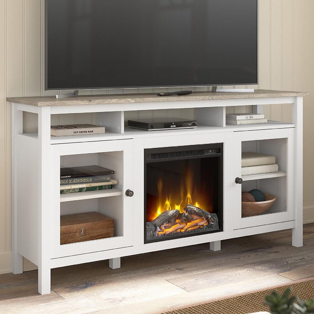 Bush Mayfield 60 TV Stand with Electric Fireplace in Shiplap Gray and Pure  White | NFM